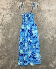 Vtg Two Palms Women Tropical Smocked Maxi Tank Dress S/M Hawaiian Floral Blue