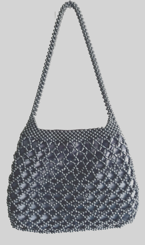 Gray Faux Pearls Beads Diamond Design Shoulder Hobo Bag Top Zip Closure - Picture 4 of 8