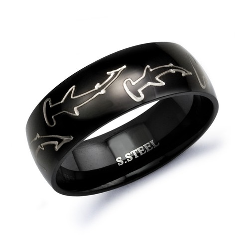 Black Plated Stainless Steel Ring with Engraved Hammerhead Shark Design- SSR408 - Picture 1 of 5