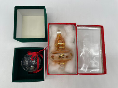 Set of 2 pcs - Christmas Ornaments: Clear Hand Cut 24%Pb & Yellow Icicle