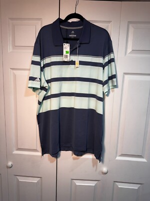 NEW Adidas XXL Color: Blue w/ Seafoam Horizontal Stripes UPF 50 Golf Shirt