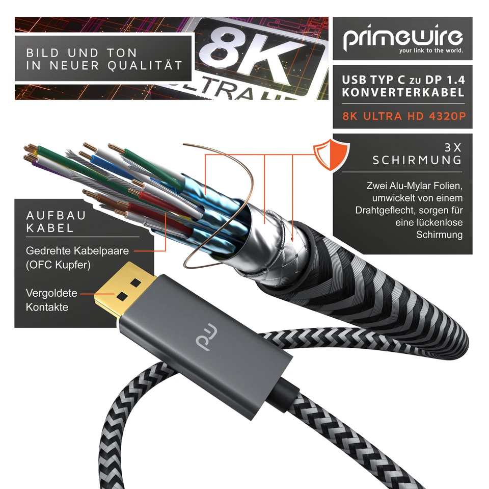 Primewire USB Typ C zu DP Konverterkabel UHD 2160p 4k - 3840 x 2160 @ 60 Hz 2 m - Bild 4 von 4