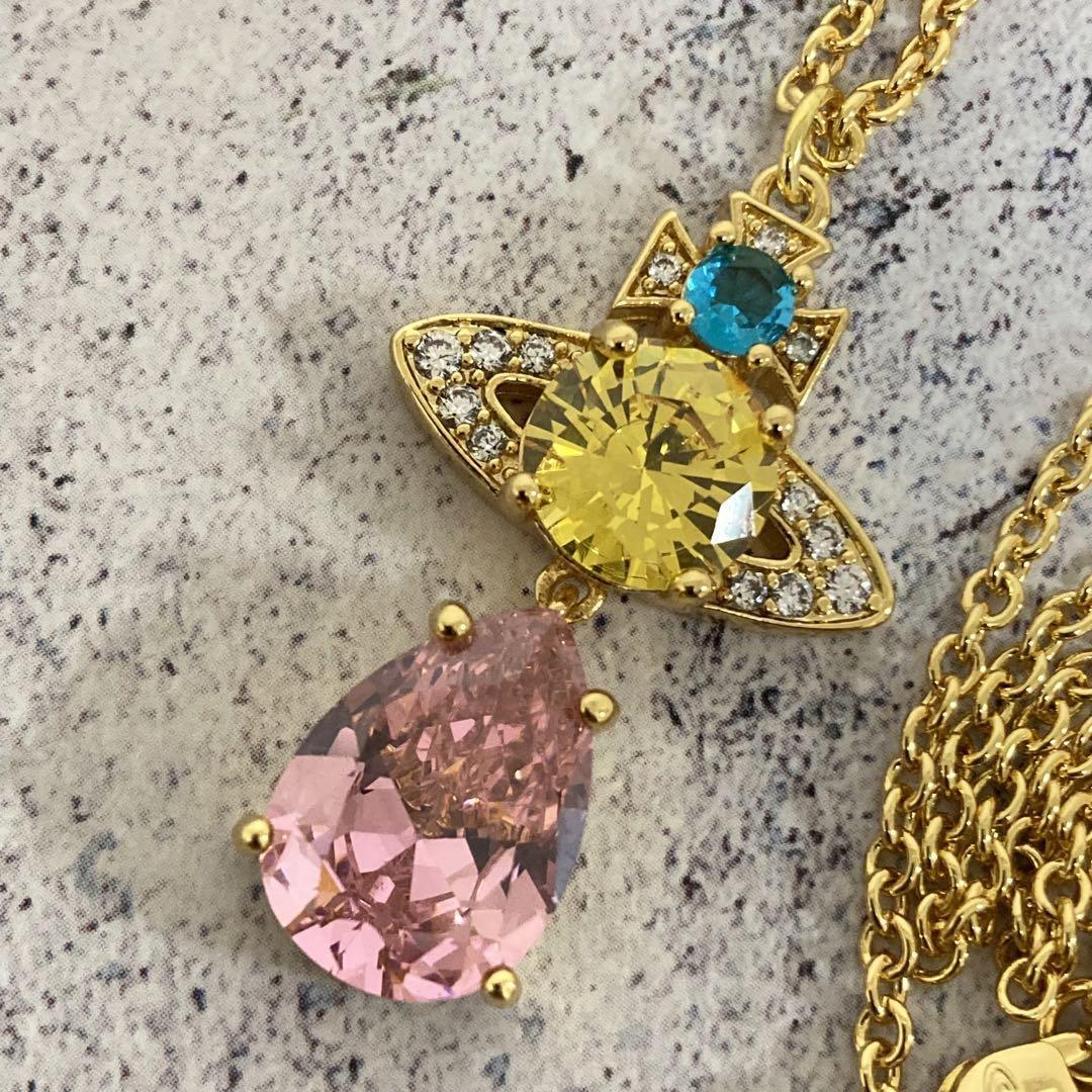 Vivienne Westwood Necklace Rhinestone Drop Multicolor Pink w