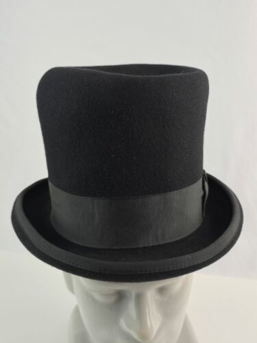 Vintage DeLuxe Quality Black Wool top hat 6.75" tall black bow "good" cond. - Picture 3 of 13