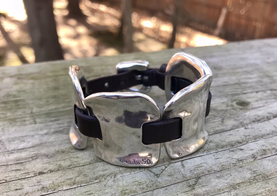 UNO de 50 IMMORTAL Wide Chunky Cuff Bracelet Silver Brown Leather Spain Great