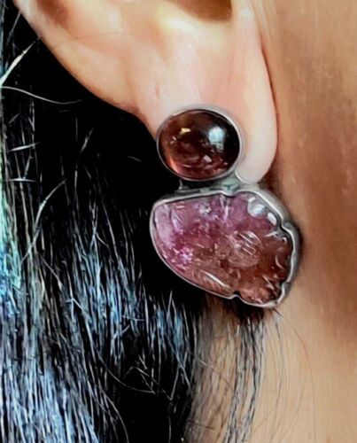 Signed Pink Tourmaline-Hand Carved, St. Silver Earrings Amy Khan Russel AKR Rare