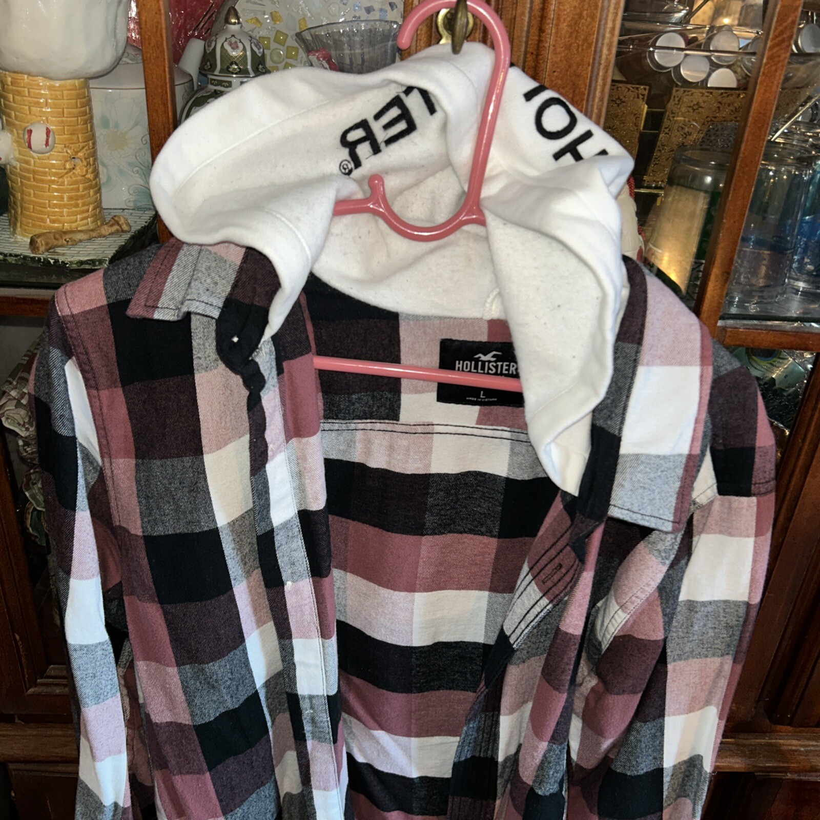 Hollister Hooded Button Up Shirt Mens Size L Flannel Pink Plaid  Long Sleeve