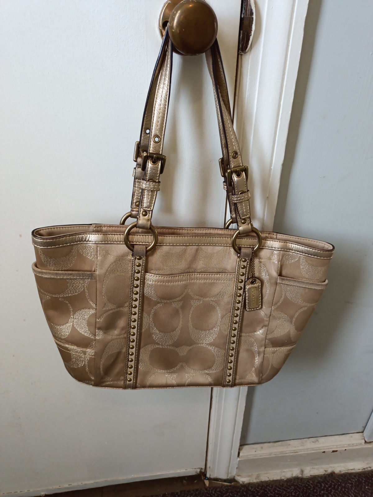 Coach Auth Gold Gallery Signature Monogram Studded Tote Shoulder Bag