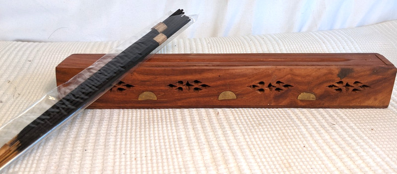 Vintage Wooden 12" Incense Burner Holder w/ Handcrafted Brass Inlay Rising Sun