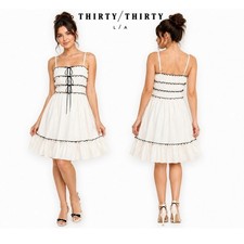 Thirty Thirty LA White Smocked Mini Dress Black Ruffle Trim Ties Small 6FCRY035