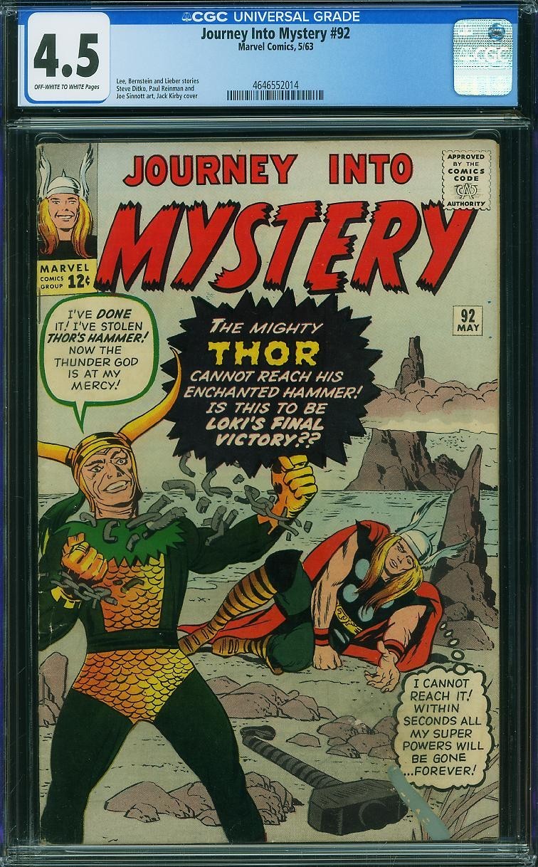 Journey Into Mystery 92 Cgc 4.5 Oww Pages 1963 Loki Marvel Thor Hammer 1963 7B