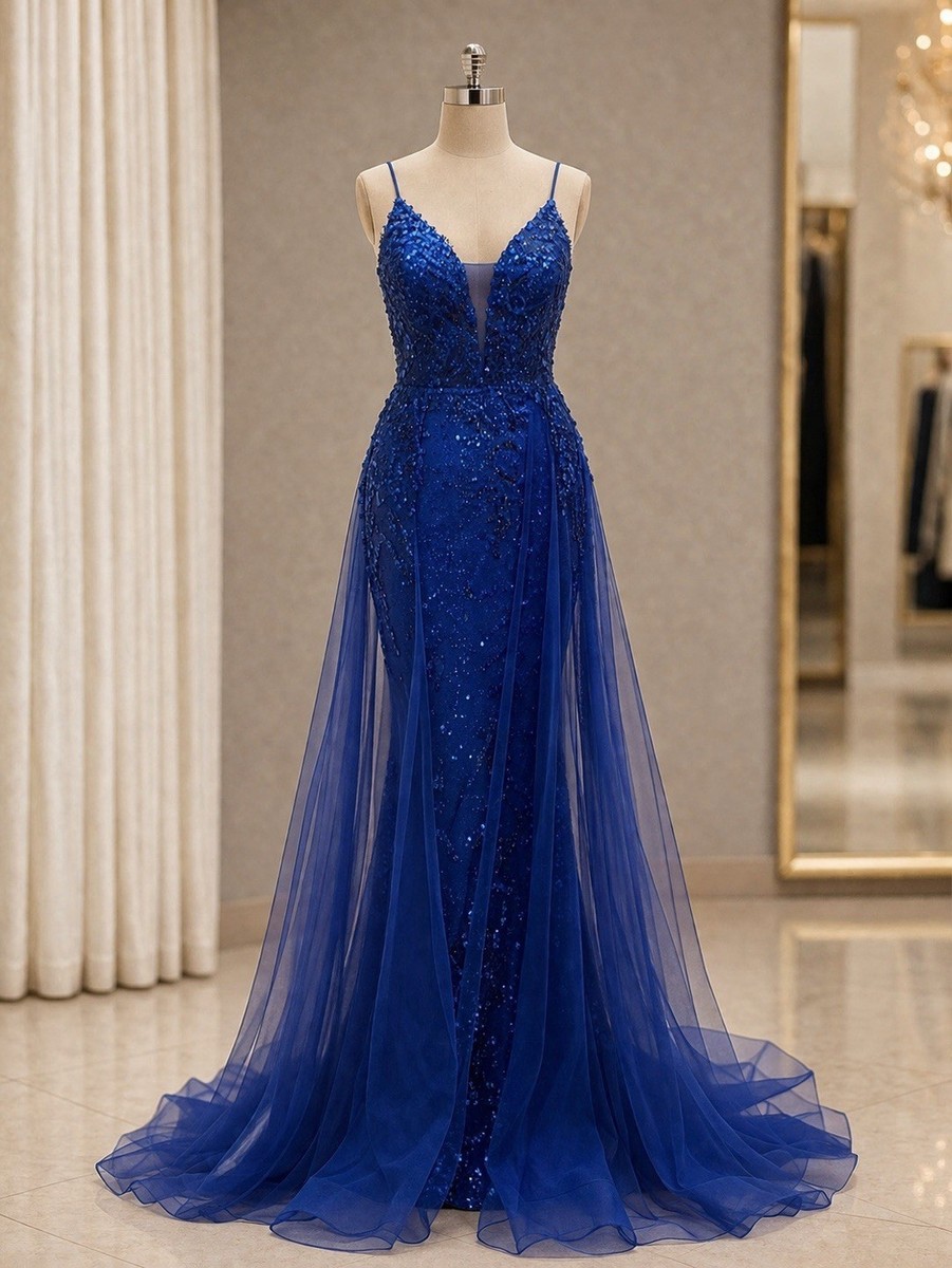 Blue Sequin Tulle Long Formal Sheer Layered Ball Gown Dress Blue Sequin Tulle Long Formal Sheer Layered Ball Gown Dress