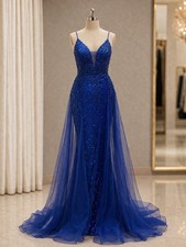 Blue Sequin Tulle Long Formal Sheer Layered Ball Gown Dress