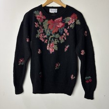 Vtg Deans of Scotland Wool Crewneck Sweater Black Floral Cottage 80s Granny M