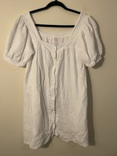 Victoria Dunn VD lounge Puff Sleeve White Mini Button Down Dress Large L