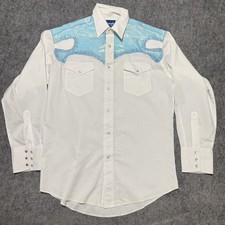 Vintage Wrangler Western Shirt Mens 15x33 White Pearl Snap Dolphin Ocean Yoke