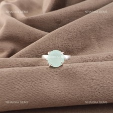 925 Sterling Silver Round Aqua Chalcedony Stone Solitaire Birthday Ring Jewelry
