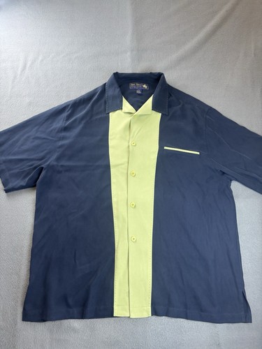 Nat Nast Luxury Originals Blue/Green Rockabilly Bowling Shirt 100% Silk XL Camp