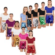 Womens Costume Stage Dancewear Gras Outfit Shiny Set Hip Scarf Dance Sequin