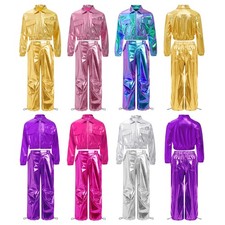 Girls Jacket With Pants Hip Hop Jazz Dance Turn-Down Collar Metallic Street
