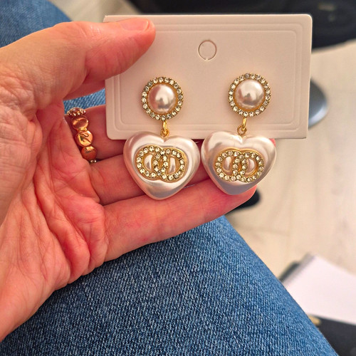 Gold Plated Heart Drop Faux Pearl Rhinestone Crystal Stud Earrings Butterfly