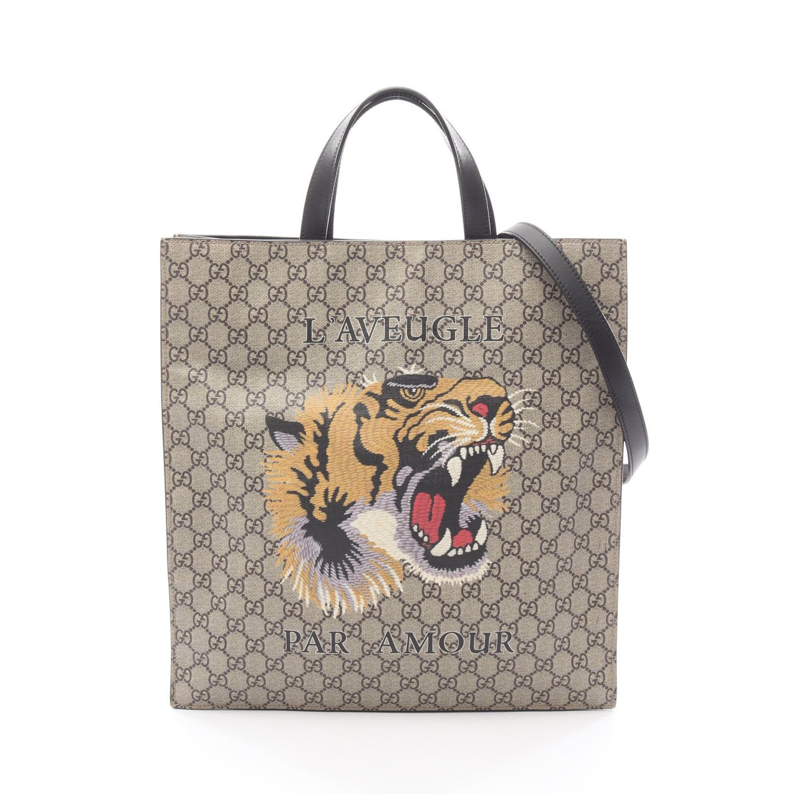 GUCCI GG Supreme Tiger Shoulder Tote Bag 450950 canvas leather Beige Used unisex