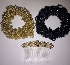 Vintage Set Of 3 Gold Pearl Black Beaded 1980 Hair Accessories Scrunchie, Comb