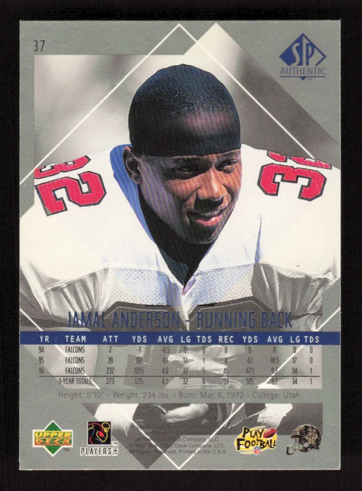 1997 SP Authentic #37 Jamal Anderson Atlanta Falcons - Image 2 of 2