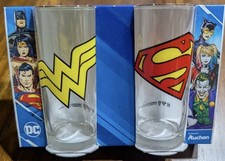 DC COMICS AUCHON SUPERHERO LOGO DRINKING GLASS SET/2 SUPERMAN WONDER WOMAN NEW