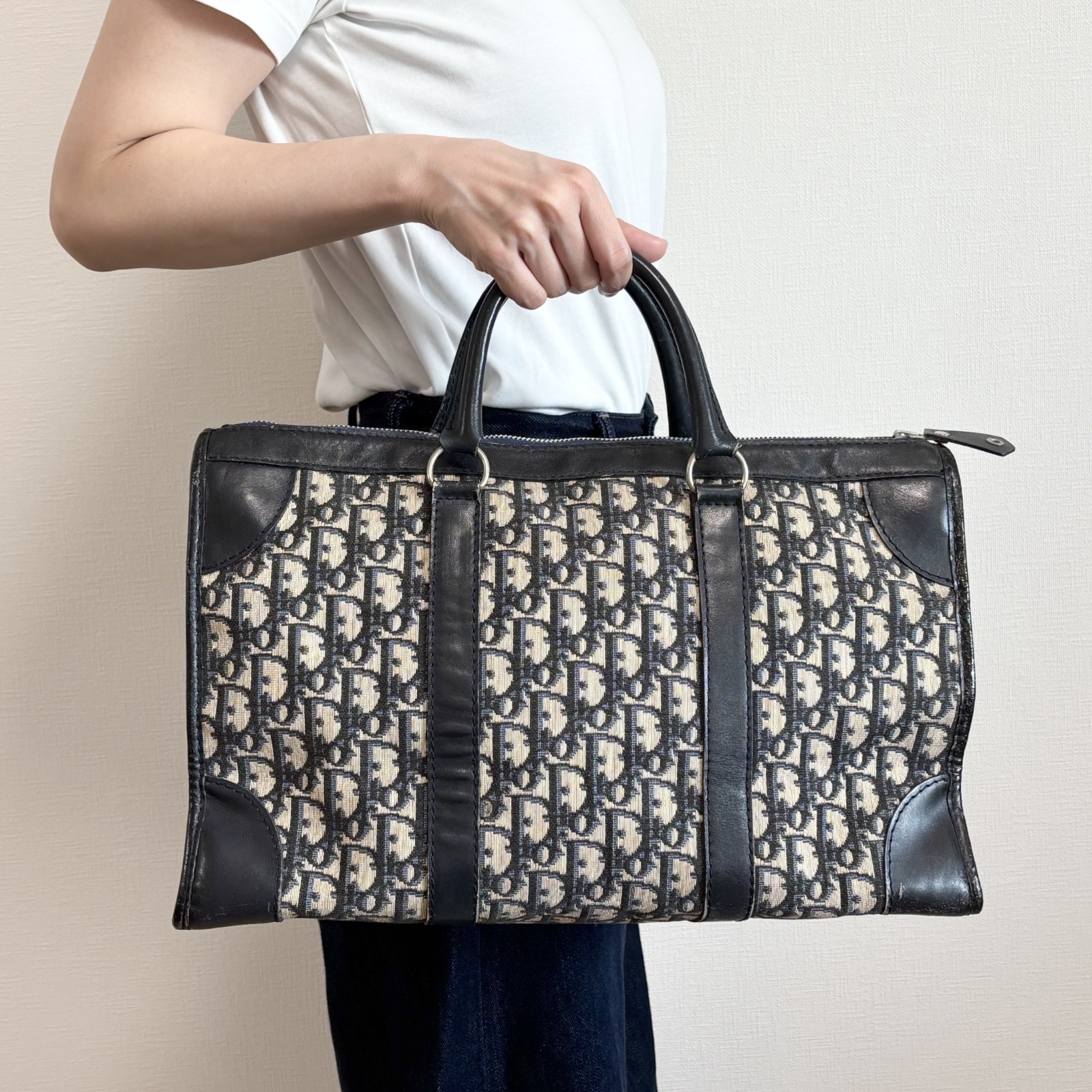 Christian Dior Vintage Trotter borsa a mano viaggio Boston borsa tela pelle nera