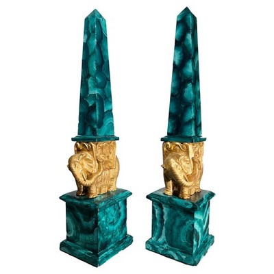 Pair of Grand Tour Faux Malachite Hand Painted & Gilded Obelisks of Minerva