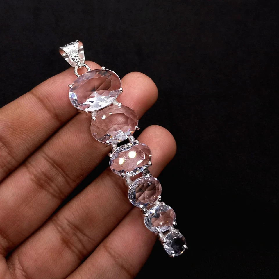 Colgante de plata de ley 925 con piedras preciosas de topacio blanco talla rosa hecho a mano Foto 3 de 3