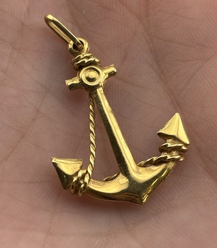 Vintage 18k Gelbgold Anker Anhänger Charm 1,25" hängendes Seil Akzent 2,19g