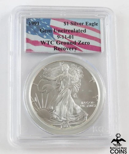 1993 USA $1 Silver Eagle Coin 9-11-01 WTC Ground Zero Recovery PCGS Gem UNC