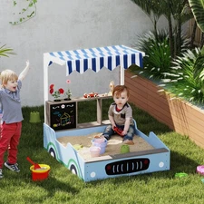 Qaba Kids Wooden Sandbox, Grocery Store Outdoor Sand Box with Canopy, Blue