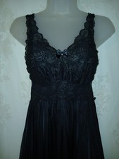 Vintage 90s Olga-Esque Shadowline Black Floral Lace Nylon Nightgown Lingerie EUC