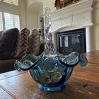 Vintage Fenton Artist Signed Hand Painted Indigo Blue Glass Basket Ocean Scene
