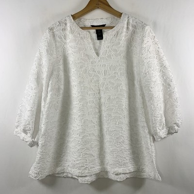 Ali Miles Womens Textured Floral Top Size M White Boho Romantic Coastal Artsy