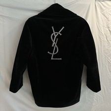 SAINT LAURENT Black Velvet Crystal Logo Coat ...