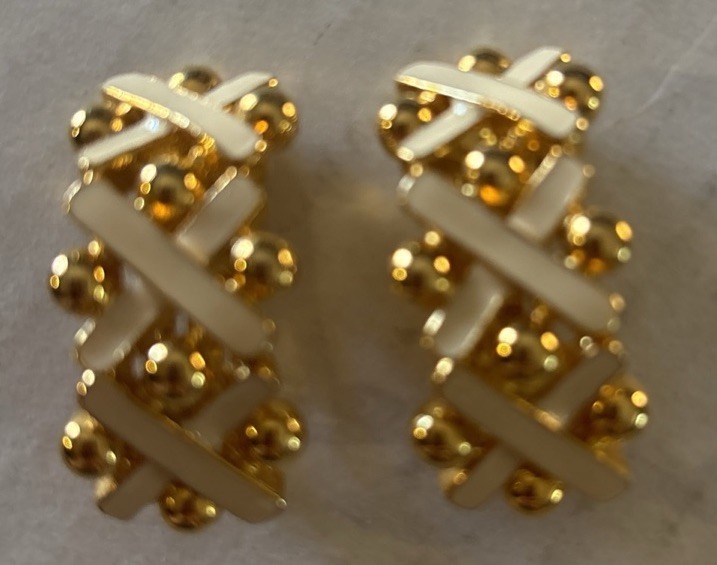 Vintage Gold Tone Beads And White Enamel X’s Clip Earrings 