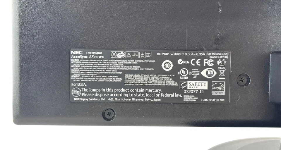 NEC AccuSync AS221WM 22" WSXGA+ 1680x1050 VGA/DVI LCD Display Monitor - Image 4 of 4