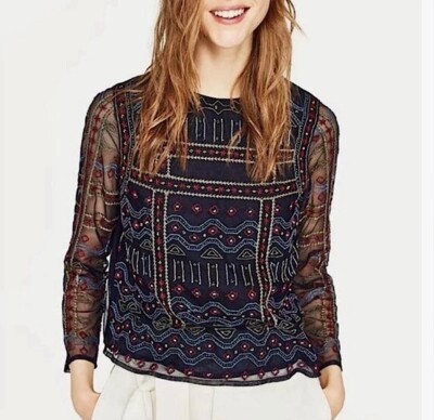 NWOT Zara Woman Blue Embroidered Beaded Mesh Long Sleeve Top Blouse Med Boho