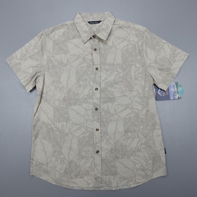 Mountain and Isles Button Up Casual Printed Shirt Cream Leaves Men's Size M