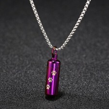 Triple Paw Print Cylinder Cremation Purple Stainless Steel Pendant Necklace