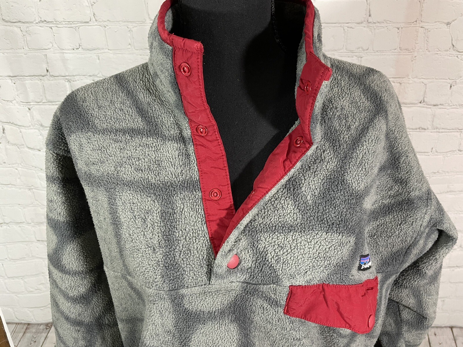 Mens Vintage 90s Patagonia Snap-T Synchilla Sz M Grey Red Pullover Fleece Jacket image 7