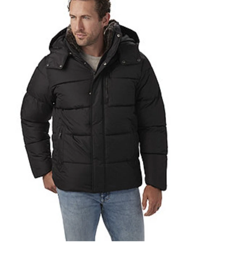 Zip-Front Long Length Puffer Jacket with Zip-Off Fur Trim Hood