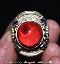 1.4" Rare Old Chinese silver inlay Red gemstone cloisonne Dynasty Palace Ring