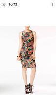 GUESS Bodycon Printed Sheath Mesh Midi Floral banded Dress Sleeveless sz. 4 Blac