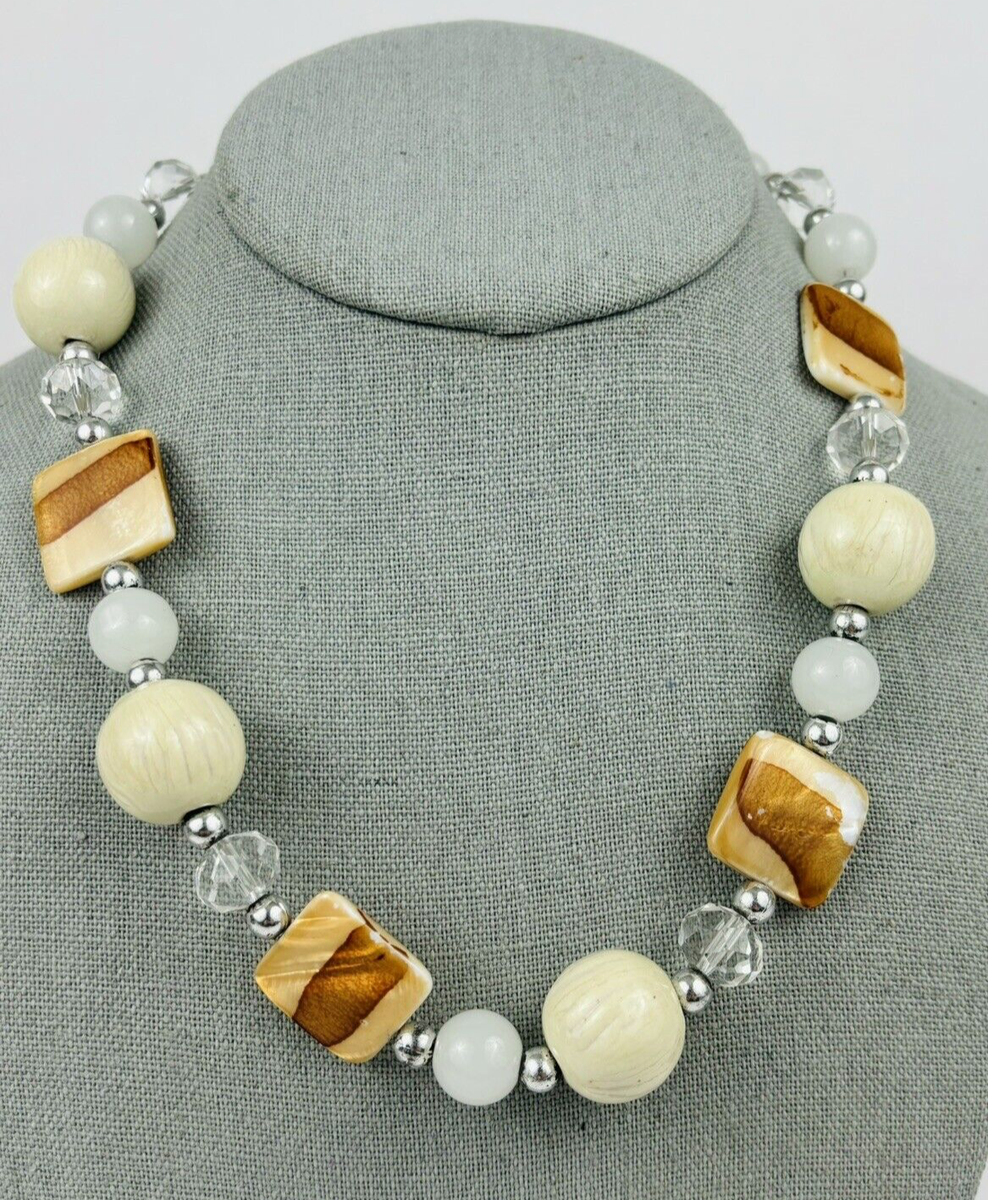 Oversized Beige Bead Statement Necklace Abalone Shell Clear Glass