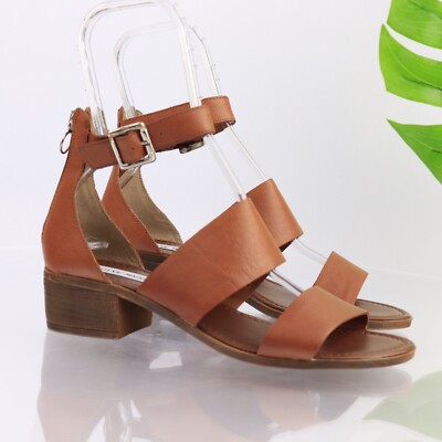 Steve Madden Womens Daly Sandal Size 9.5 Cognac Tan Strappy Shoe Block Heel Chic